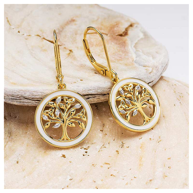 14KT Gold Vermeil White Enamel Tree of Life Drop Earrings