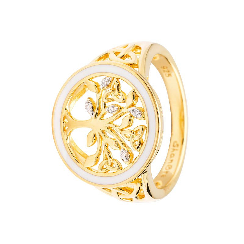 14KT Gold Vermeil White Enamel Tree of Life Ring