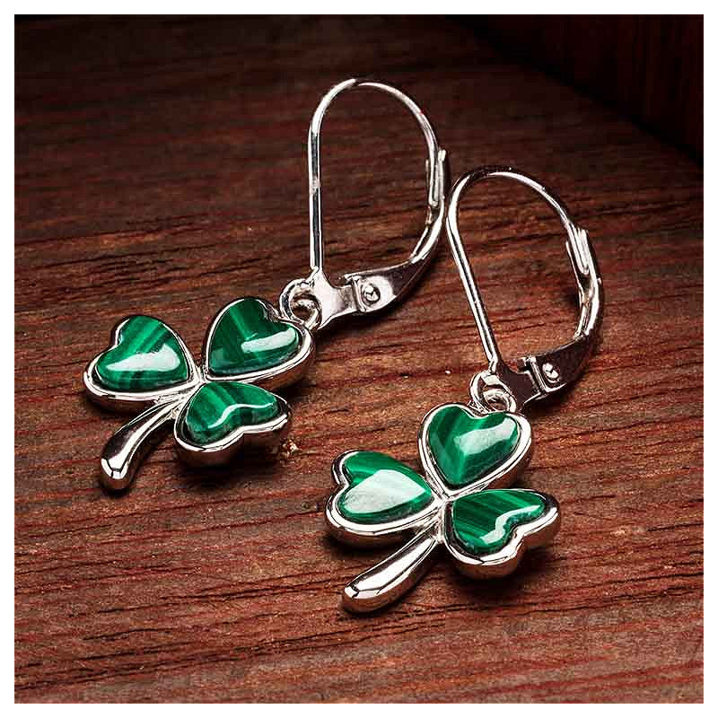 Sterling Silver Shamrock Drop Earrings with Malachite
