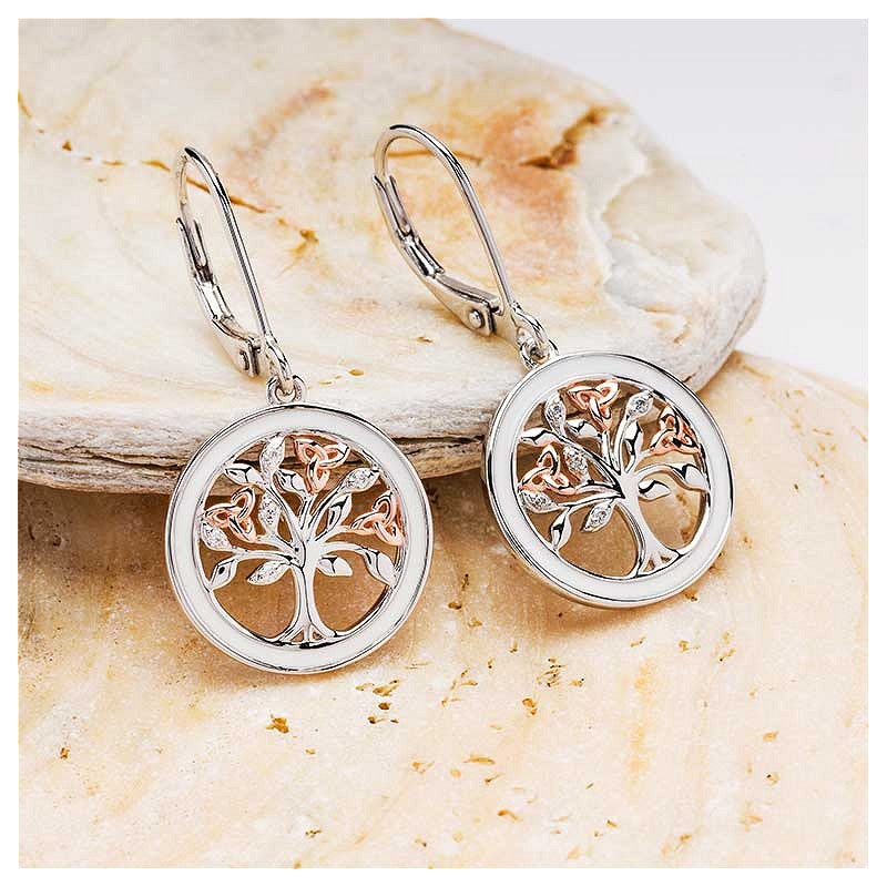 Sterling Silver White Enamel Tree of Life Drop Earrings