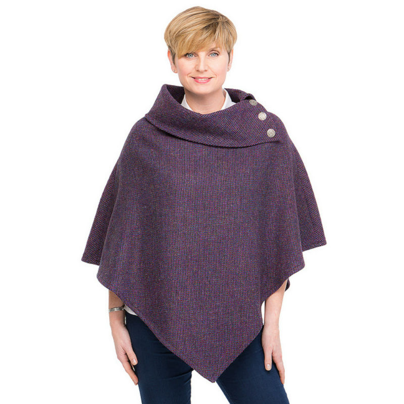 women's purple Harris Tweed poncho with metal Celtic buttons