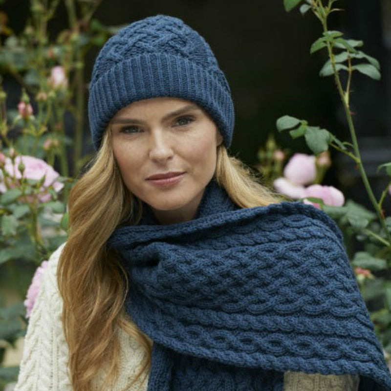 Blue Irish Merino Wool Trellis Knit Scarf