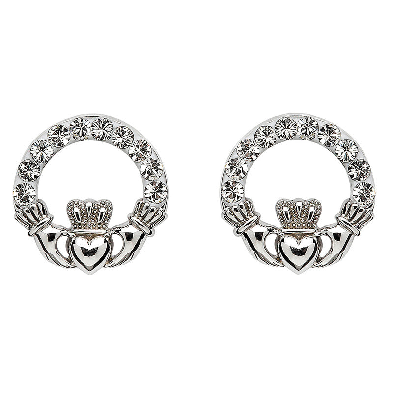 Sterling Silver White Swarvoski Crystal Claddagh Stud Earrings