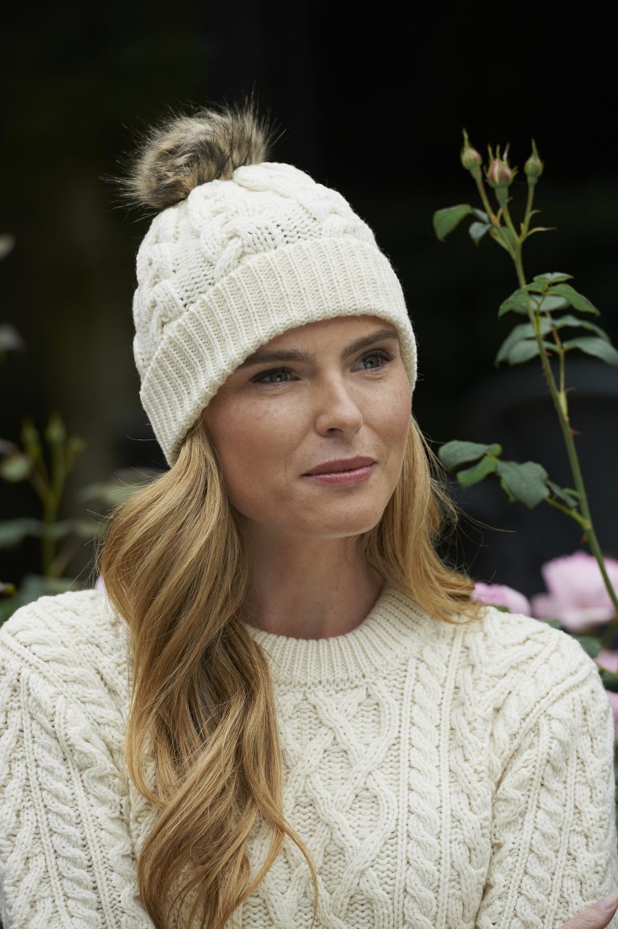 Aran Cable Knit Beanie with Faux Fur Pom Pom [ 5 Colors ]