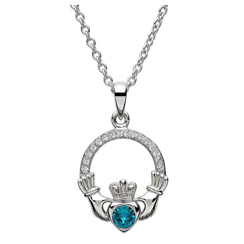Sterling Silver Claddagh Birthstone Necklace W/ Swarvoski Crystals