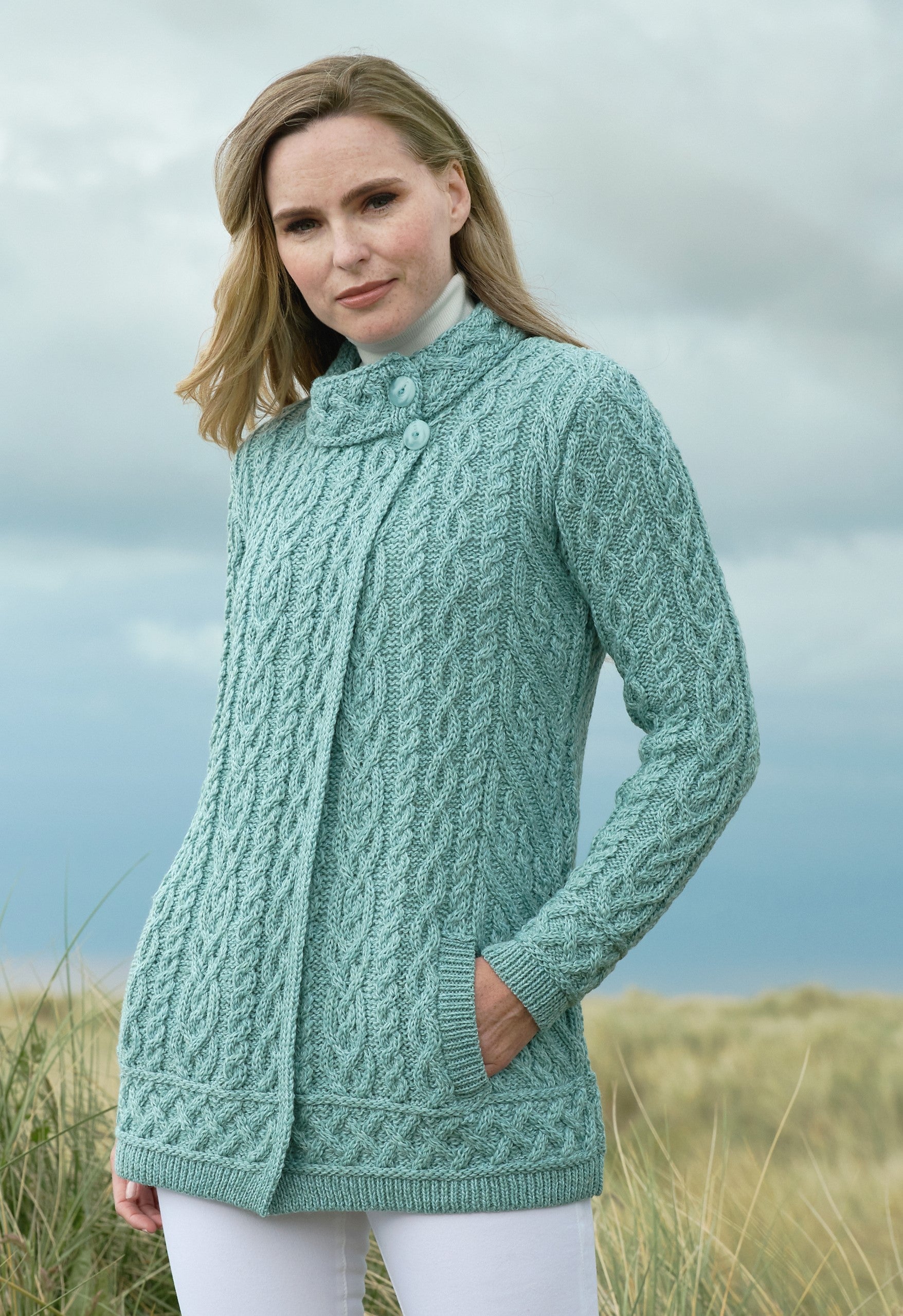 Aran Two-Button Neck Cardigan