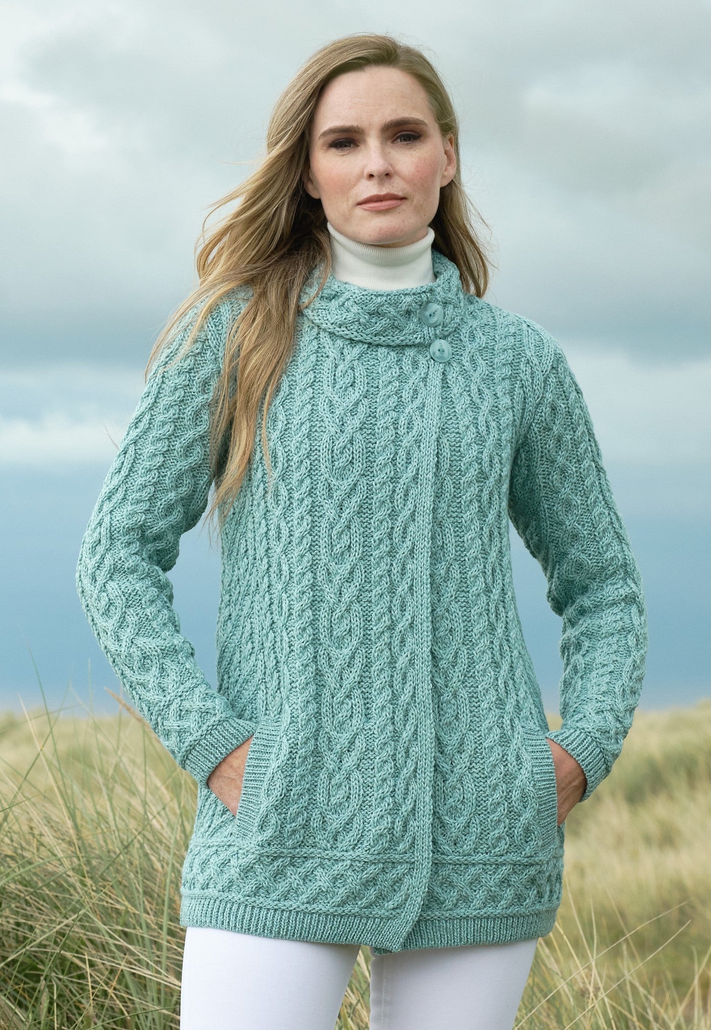 Aran Two-Button Neck Cardigan