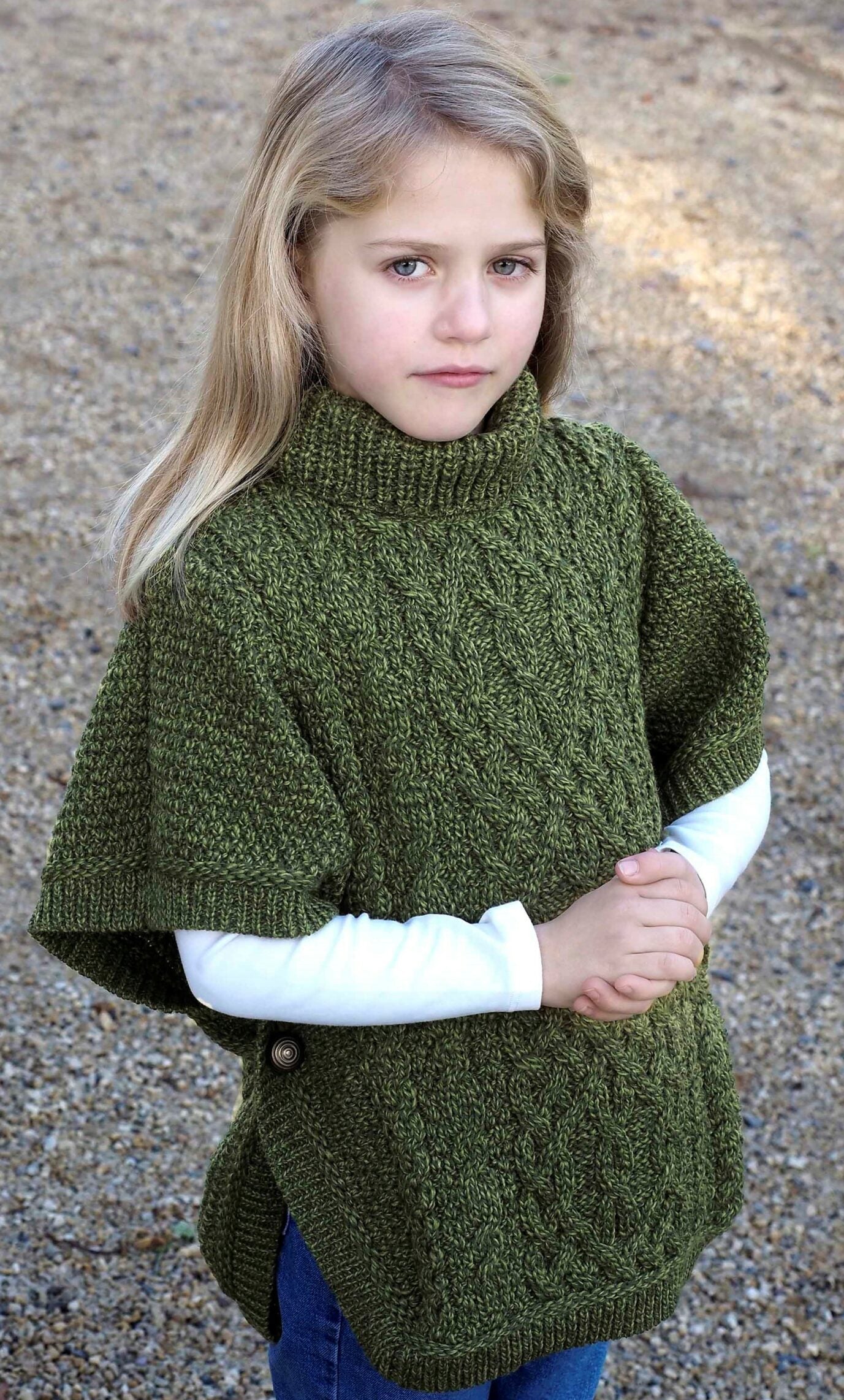 Girl's Aran Roll Neck Poncho