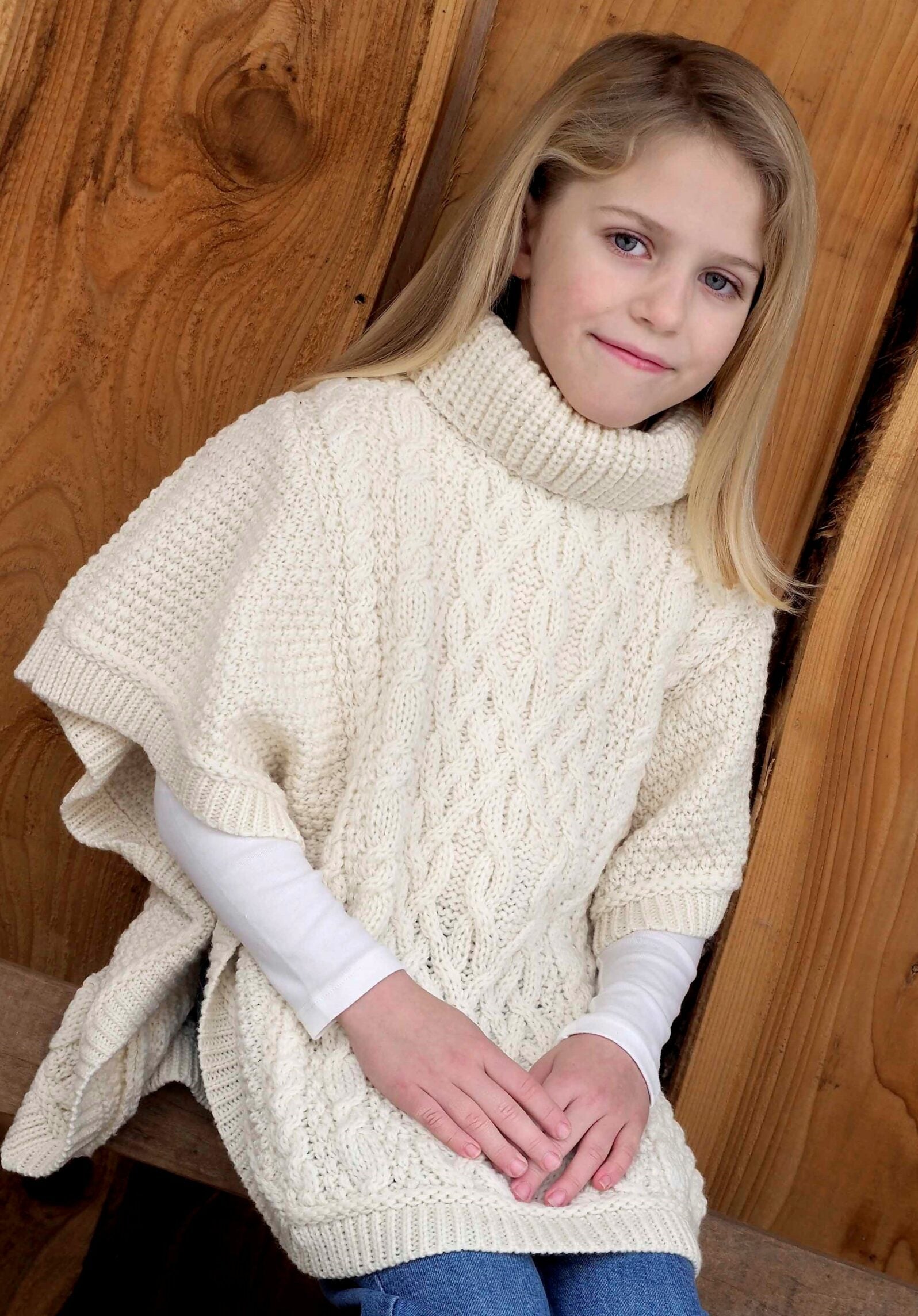 Girl's Aran Roll Neck Poncho