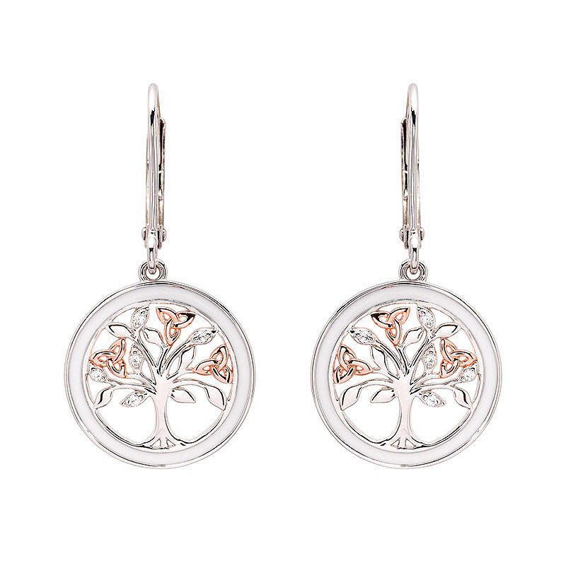 Sterling Silver White Enamel Tree of Life Drop Earrings