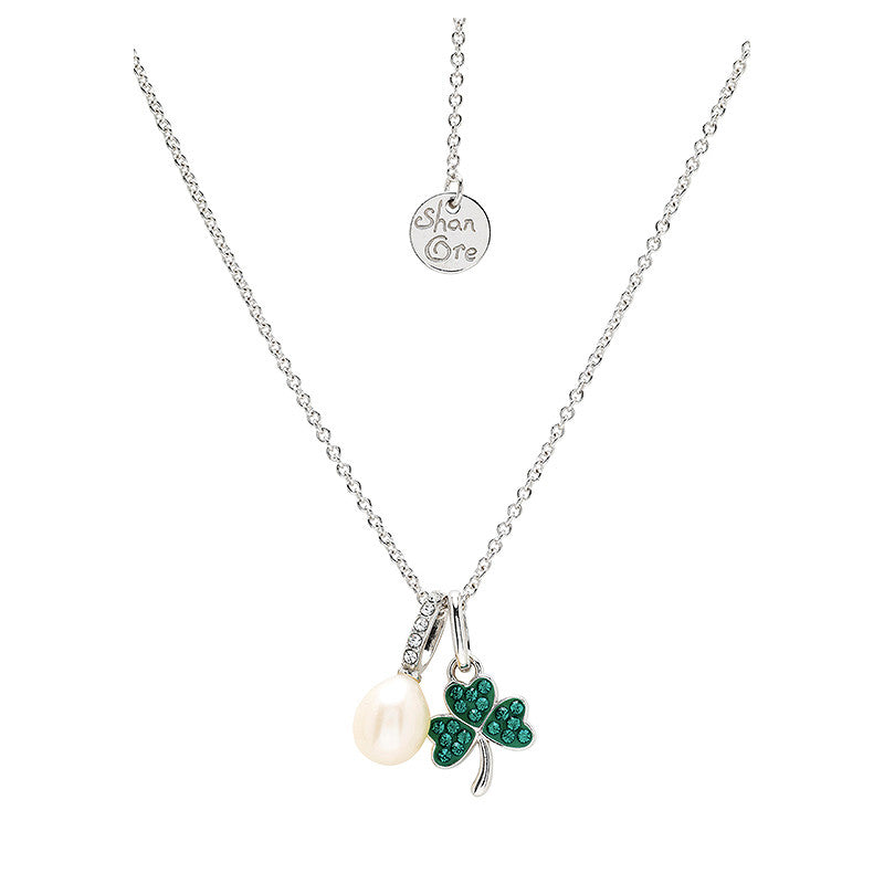 Sterling Silver Pearl/Crystal Shamrock Necklace