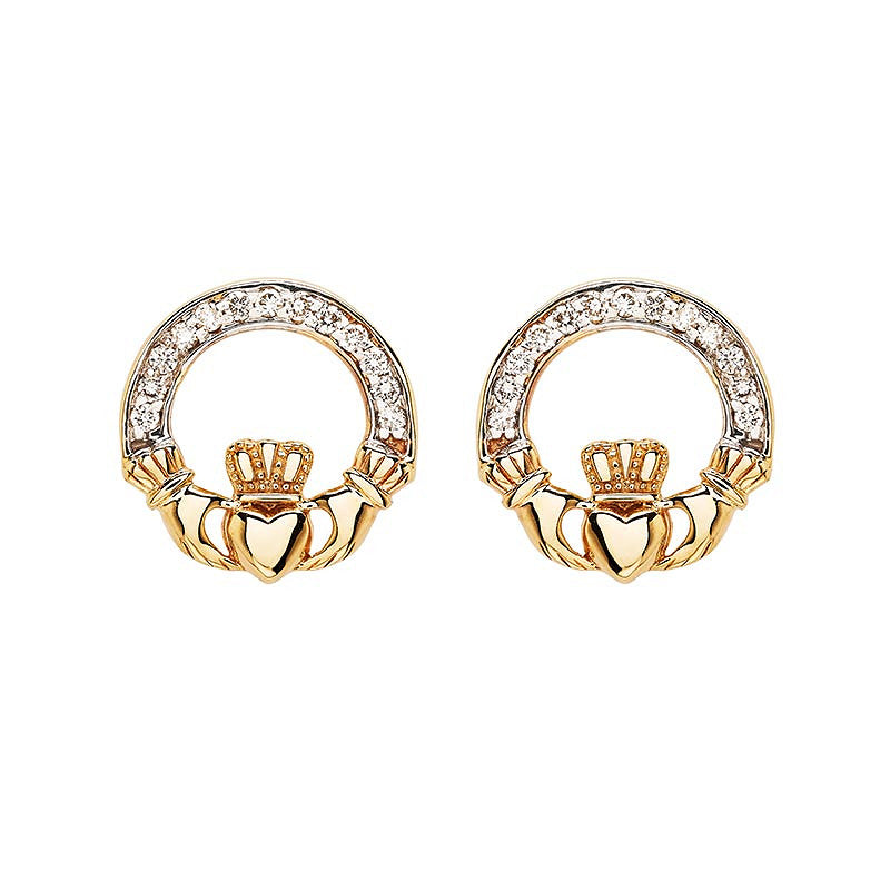 14KT Gold Claddagh Earrings w/ Lab Diamonds